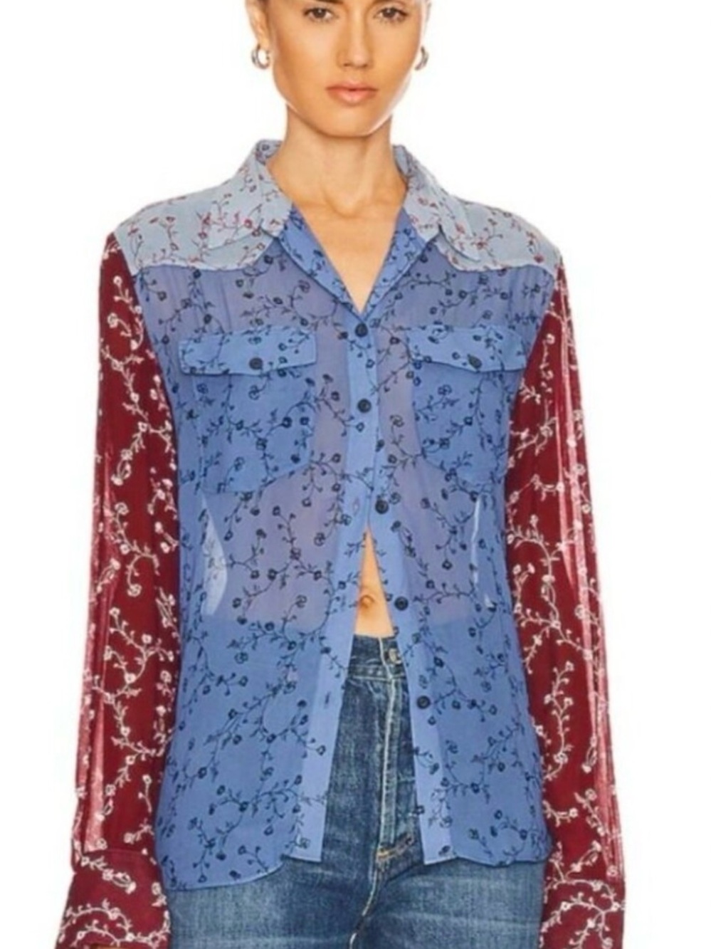 Rag And Bone Wyatt Patchwork Shirt Floral Sheer Boho Western Designer Large